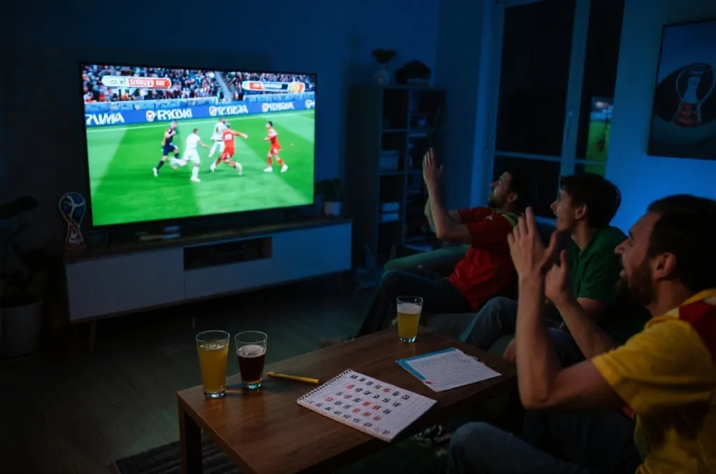球迷在深夜客厅观看世界杯直播，屏幕上是激烈对抗的比赛画面，桌上有饮品和赛程笔记，氛围热烈